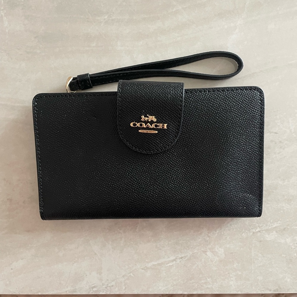 Coach Black Leather Wristlet with Gold Logo Accent